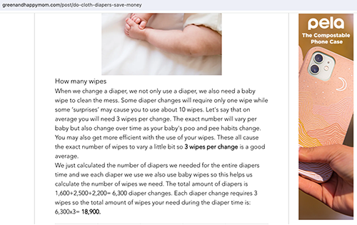 snippet of a blog about a baby diaper blog with a phone case ad